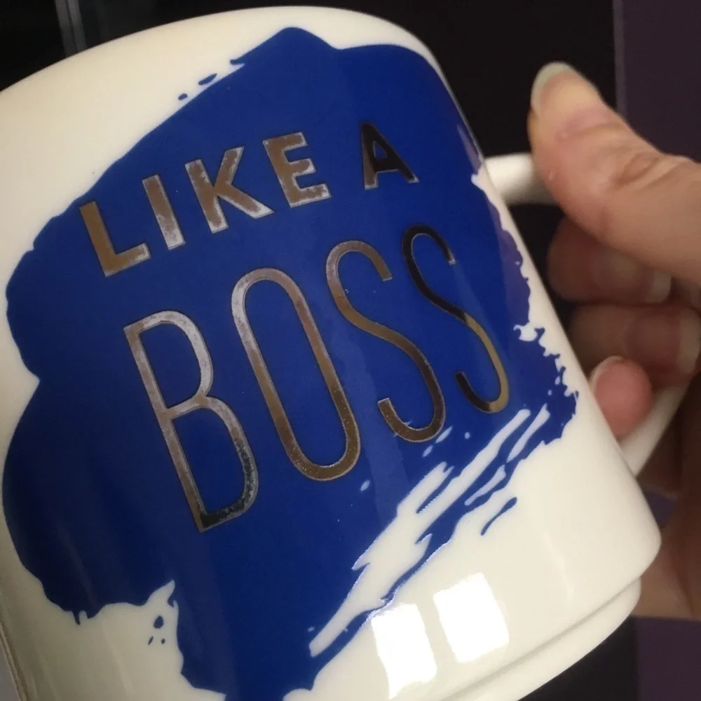 “LIKE A BOSS” Coffee Mug, White, Navy Blue, Gold Foil, 15 oz